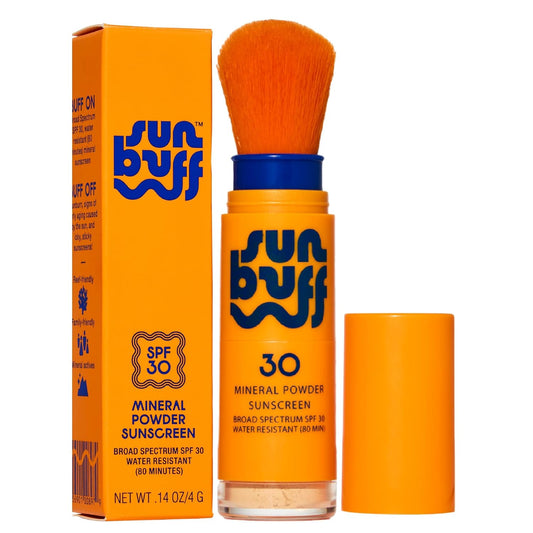 Sun Buff Powder Sunscreen Brush SPF 30 - Mineral Sunscreen for Scalp, Face, & Body - Water Resistant 80 Min | Brush On Powder, Zinc Oxide UVA UVB Protection, Travel Size 0.14oz, Made in USA