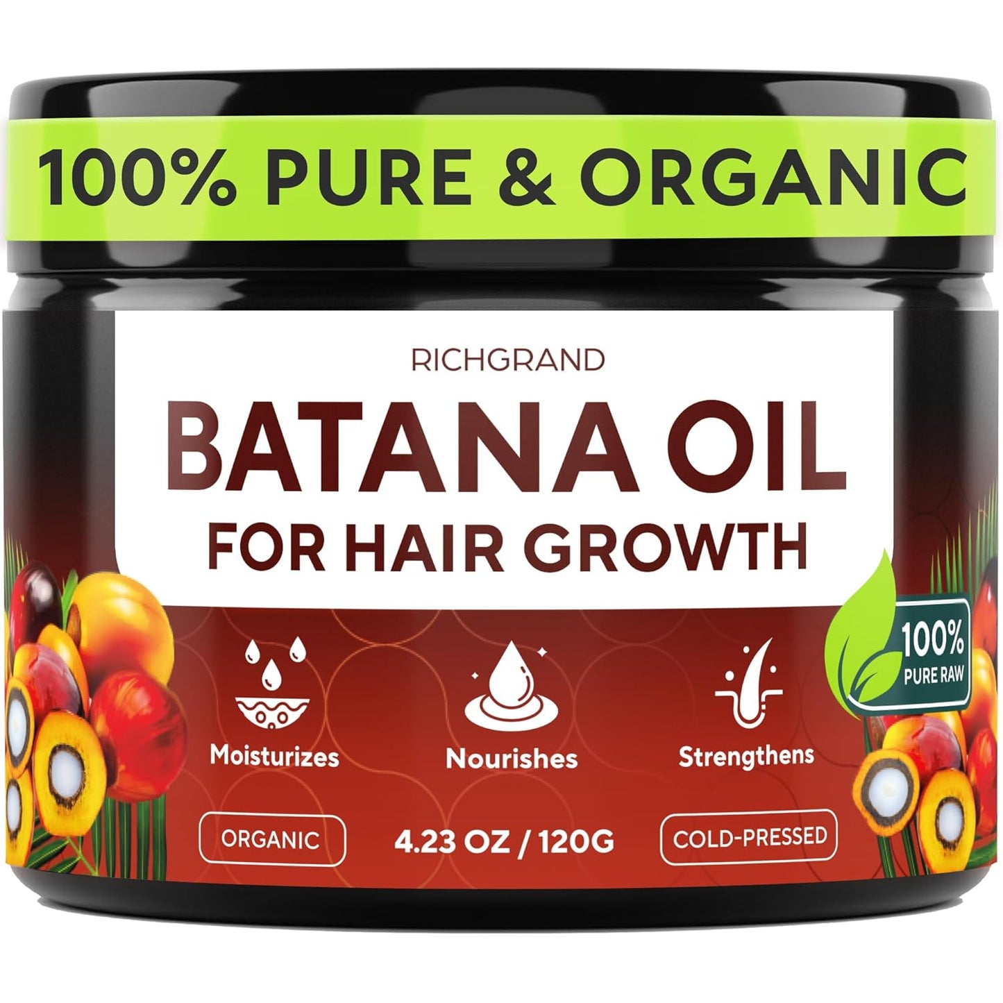 Batana Oil for Hair Growth - 100% Raw & Organic Unrefined Batana Oil - Cold Pressed Hair Mask for Scalp Health, Thicker Hair & Split Ends Repair - Natural & Pure (4.23 oz)