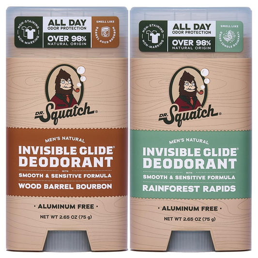 Dr. Squatch Invisible Glide Natural Men’s Deodorant – Smooth Glide, No Stains – Aluminum Free Deodorant Men – Safe for Sensitive Skin – Wood Barrel Bourbon + Rainforest Rapids, 2.65oz (2-Pack)