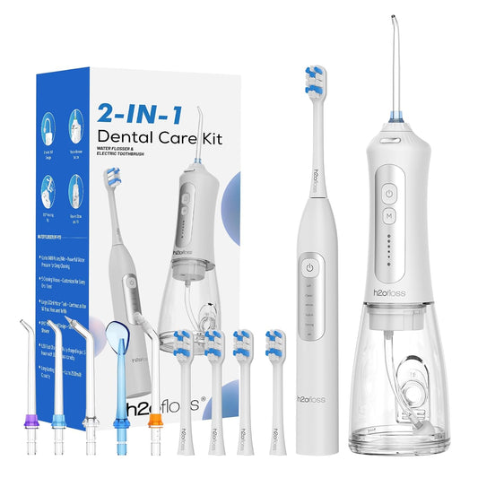 H2ofloss Sonic Electric Toothbrush and Water Flosser Combo, Rechargeable 2000mAh Toothbrush and 2500mAh Oral Irrigator with 300ml Tank, 4 Brush Heads, 5 Nozzles, 2 in 1 for Home and Travel (White)
