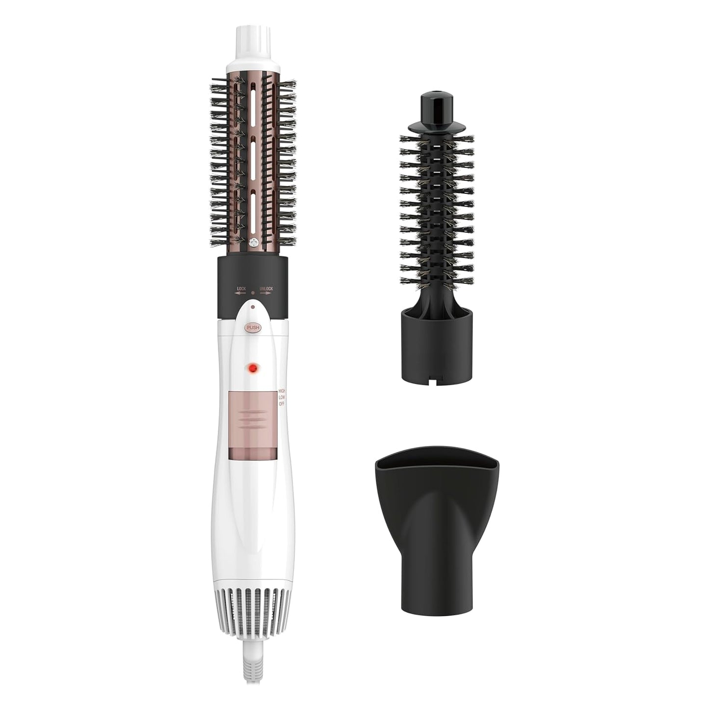 Conair Double Ceramic 3-in-1 Hot Air Brush, Interchangeable Attachments: 1¼-Inch Thermal Brush, ¾-Inch Boar and Nylon Bristle Brush, and Concentrator, Voluminous Curls & Straight Styles, White