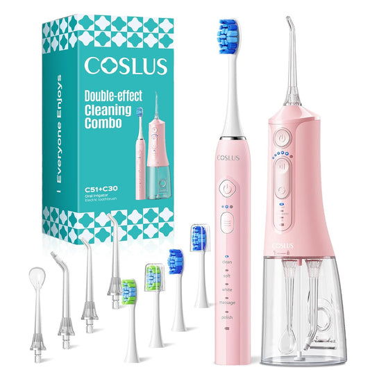COSLUS Electric Toothbrush with Water Flosser Combo: Portable Oral Clean Kit for Teeth Brushing & Flossing, Multiple Modes for Multiple Users, Cordless for Home & Travel Use, Pink, C51C30