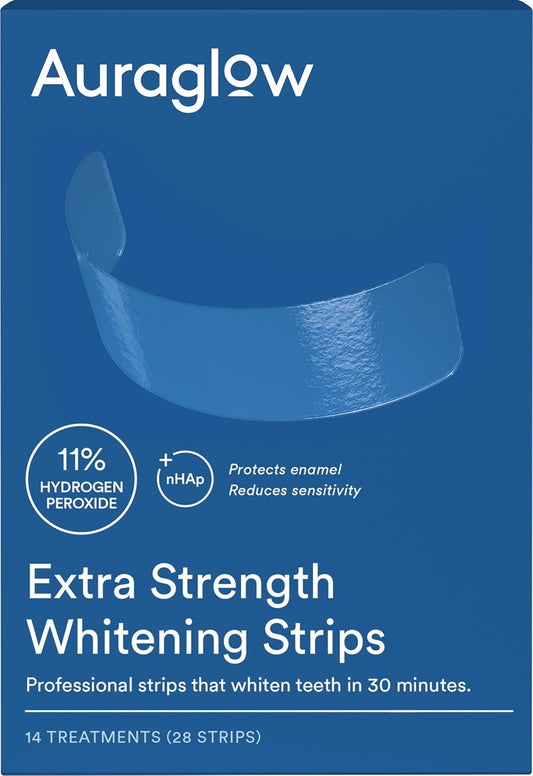 Auraglow Extra Strength Teeth Whitening Strips, Strong Whitening Strips, 14 Whitening Treatments, 11% Hydrogen Peroxide with Nano Hydroxyapatite to Reduce Sensitivity & Protect Enamel, 28 Strips, Mint