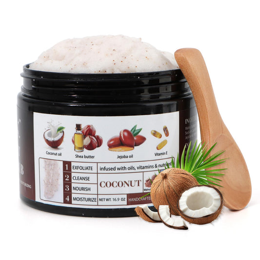 Coconut Body Scrub Exfoliator with Natural Ingredients Exfoliating Body Scrub for Women，Pure Oils and Dead Sea Salt Minerals，Moisturizing and Nourishing Skin(16.9oz)