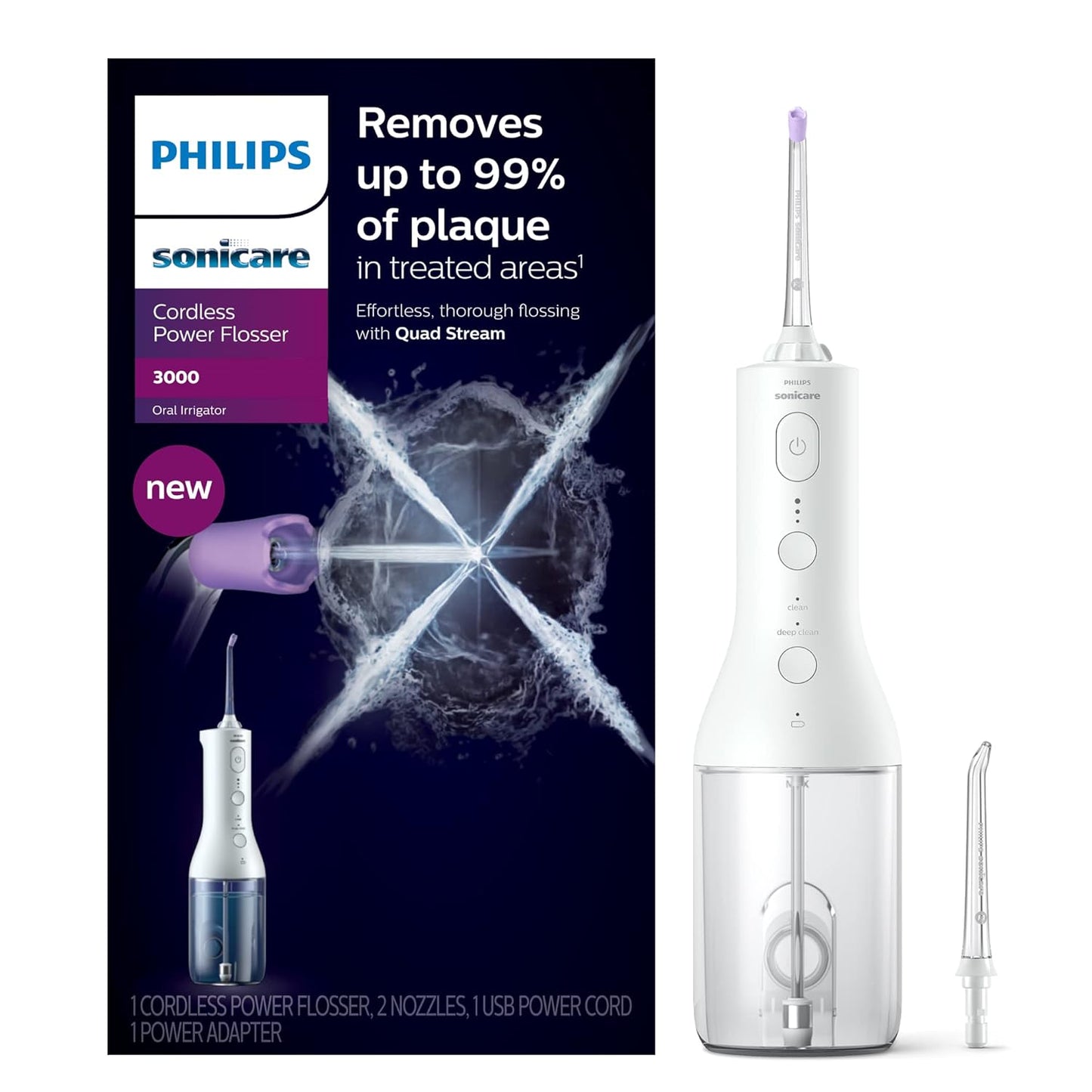 Philips Sonicare Cordless Power Flosser 3000, Water Flosser with Innovative Quad Stream Technology, Oral Irrigator with 2 Flossing Modes and 3 Intensity Levels, Ergonomic Design, White, HX3806/21