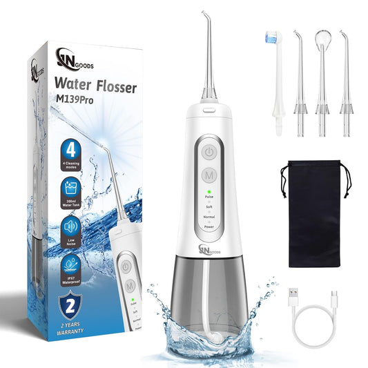 Cordless Water Dental Flosser Oral irrigator,JNGOODS 300ml Rechargeable Water flosser for Teeth IPX7 Waterproof 4 Modes Portable Oral Irrigator with 4 Jet Tips, Travel Home use (White)