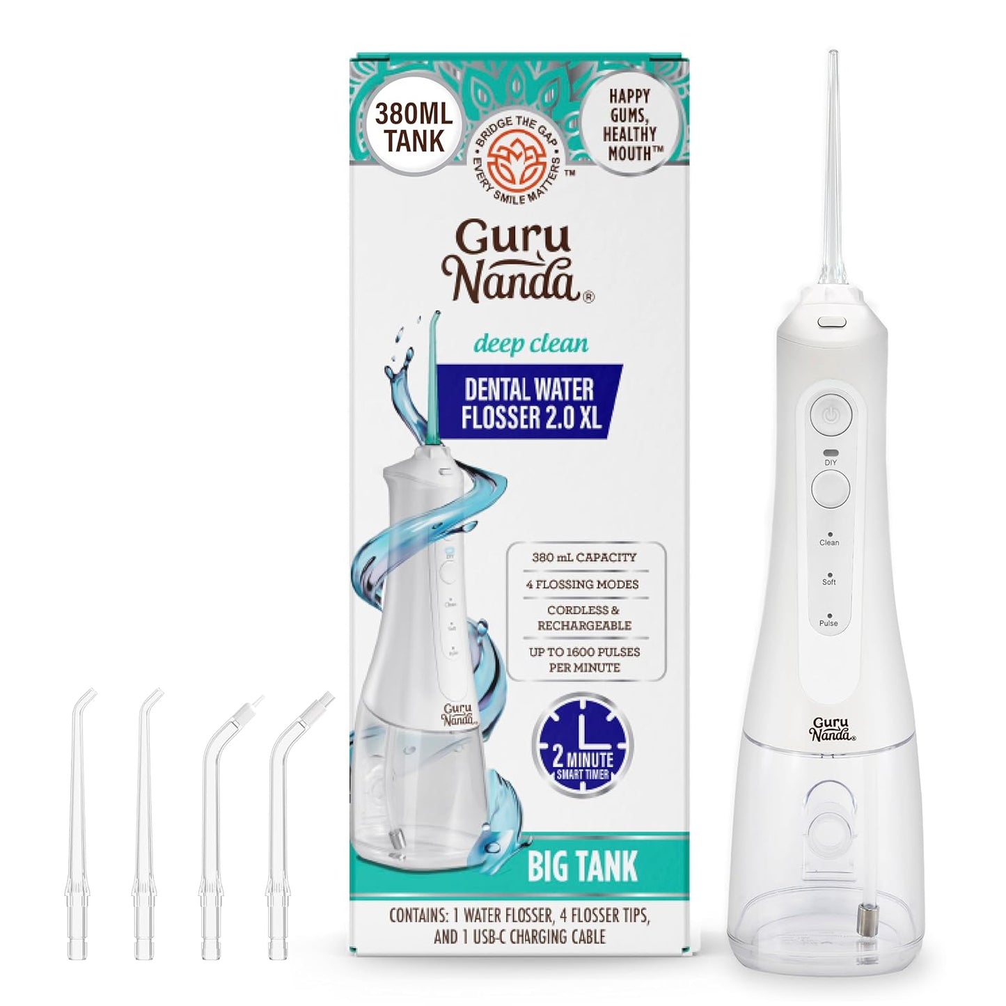 GuruNanda Water Dental Flosser 2.0 XL – 380ML Large Tank, 4 Flossing Modes, Cordless & Portable with Smart Timer for Deep Cleaning & Happy Gums - White