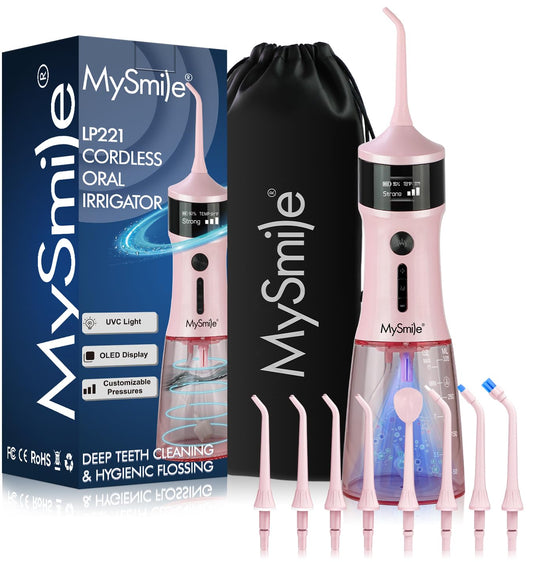 MySmile LP221 Cordless Water Flossers for Teeth with UVC Light Sanitizer and OLED Display, 335ML 4 Modes Water Teeth Cleaner Picks for Teeth Cleaning and Water Flossing (Juicy Pink)