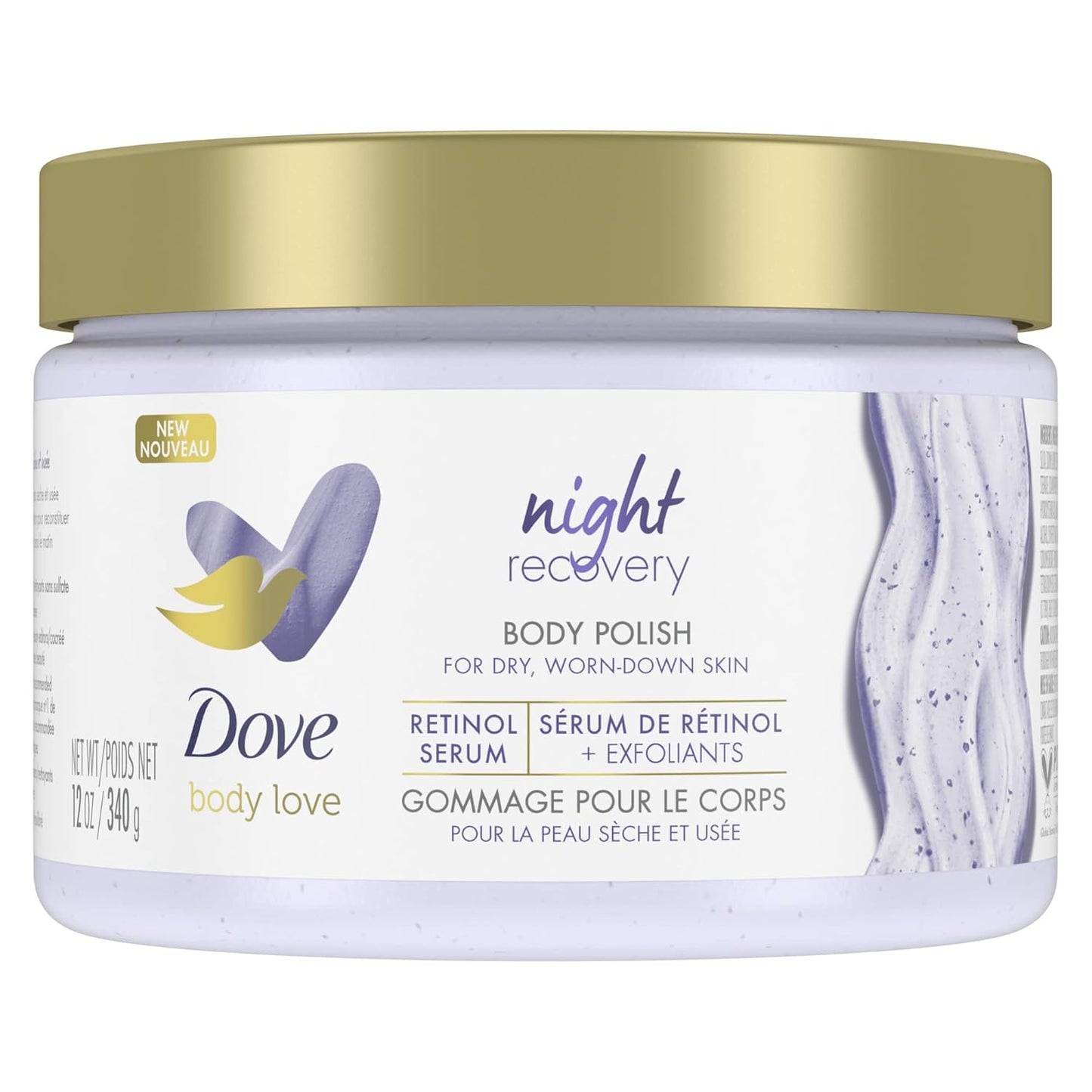 Dove Body Love Body Scrub for dry, worn-down skin, Night Recovery body scrub with Retinol Serum and Exfoliants 340 g/11.9oz