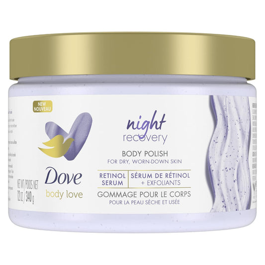 Dove Body Love Body Scrub for dry, worn-down skin, Night Recovery body scrub with Retinol Serum and Exfoliants 340 g/11.9oz