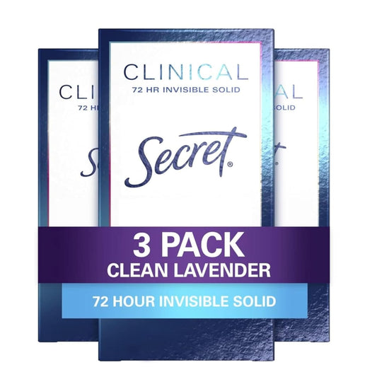 Secret Clinical Strength Antiperspirant Deodorant for Women, 3X Stress Protection, 72hr Sweat & Odor Protection, PH Balancing Minerals, lnvisible Solid, Clean Lavender Scent, 1.6 oz (Pack of 3)