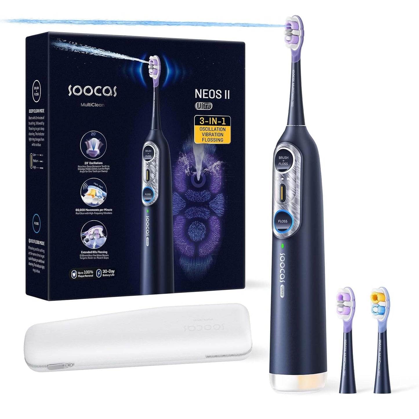 Soocas NEOS II Ultra – Electric Toothbrush with Water Flosser Combo, 3-in-1: Flosses, Vibrates and Oscillates, Flossing Toothbrush for Adults, Cordless Water Flosser for Travel, Midnight Blue