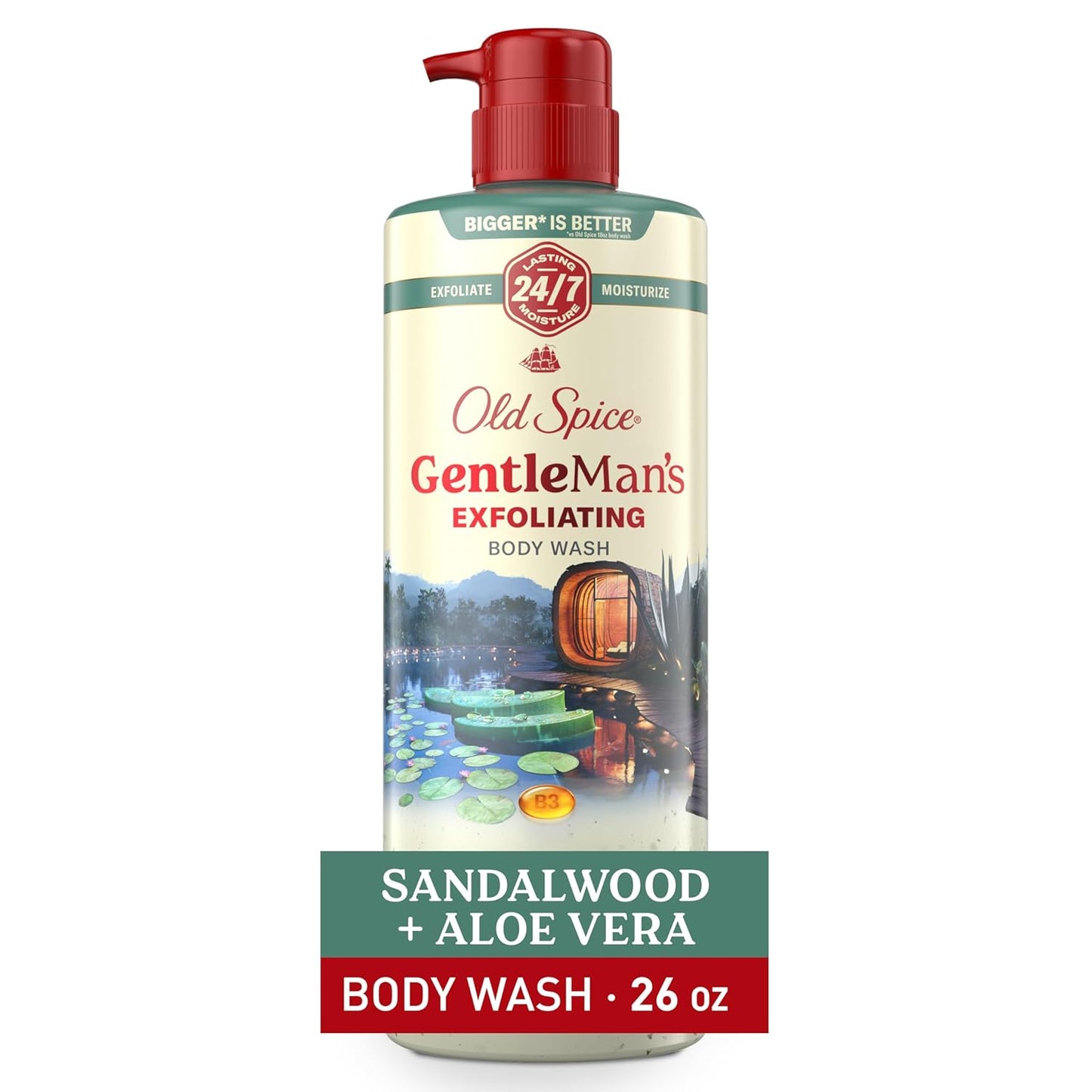 Old Spice GentleMan's Exfoliating & Moisturizing Body Wash for Men, 24/7 Shower Fresh with Long Lasting Scent, Renewing Vitamin B3 Blend, Sandalwood + Aloe Vera Scent, 26 oz