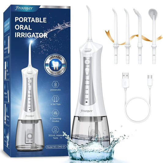 Froomer Cordless Water Flosser – Rechargeable Portable Electric Water Flosser for Teeth, Braces, 5 Modes, IPX7 Waterproof, Travel Friendly, 300ml, White
