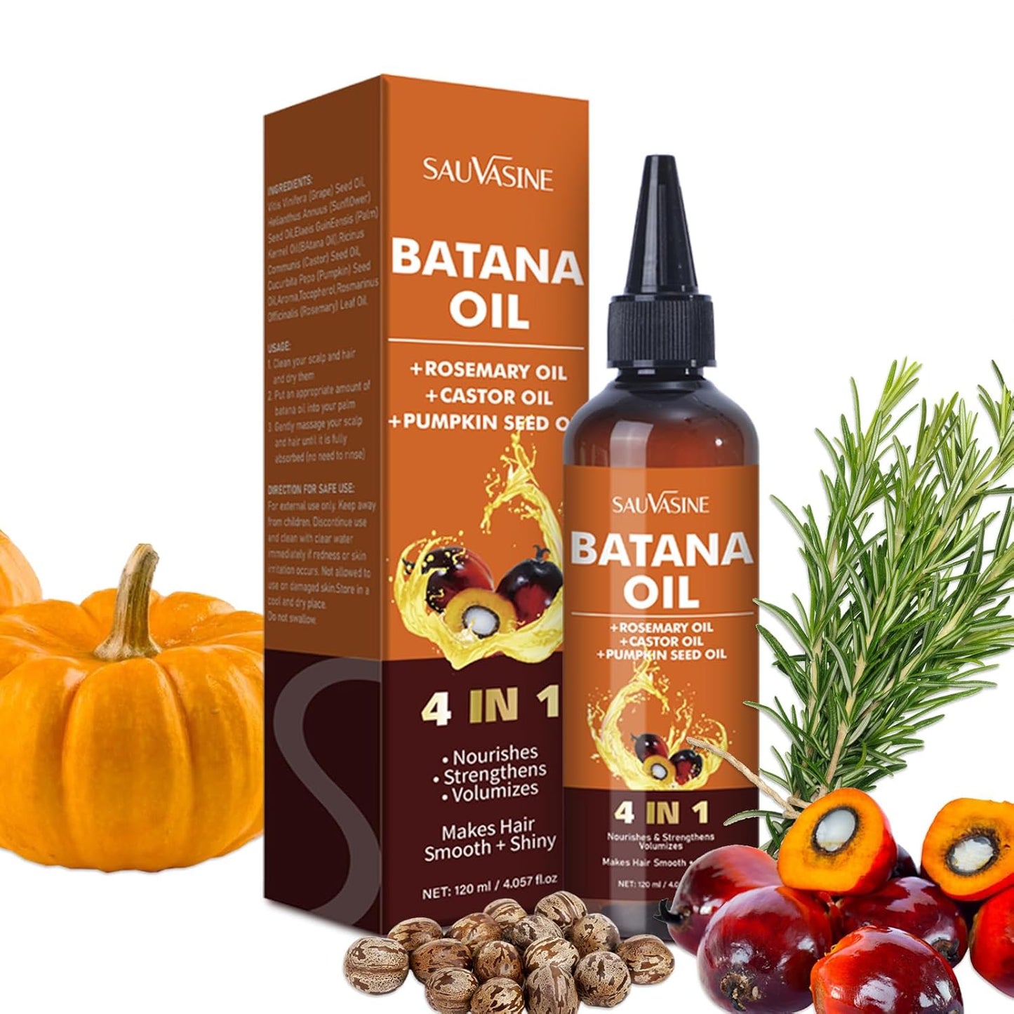 Organic Batana Oil for Hair Growth 4-in-1 Batana From Honduras with Rosemary,Pumpkin Seed,Castor Oil Deep nourishment,Strengthen Hair Roots Make Smooth&Shiny For Damaged Hair,Dry & Frizzy Repair 120mL