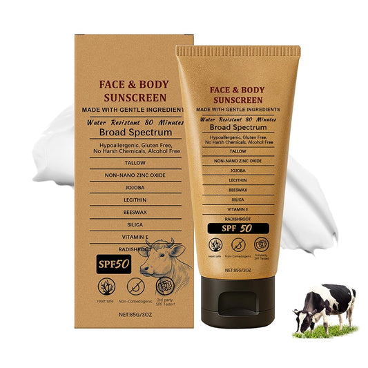 Beef Tallow Sunscreen, Natural Mineral Sunscreen for Face, SPF50 Sunblock Beef Tallow for Skin Non Greasy Clean, Anti White Cast, Moisturizing for Face and Body, Women and Men. - 3 fl.oz