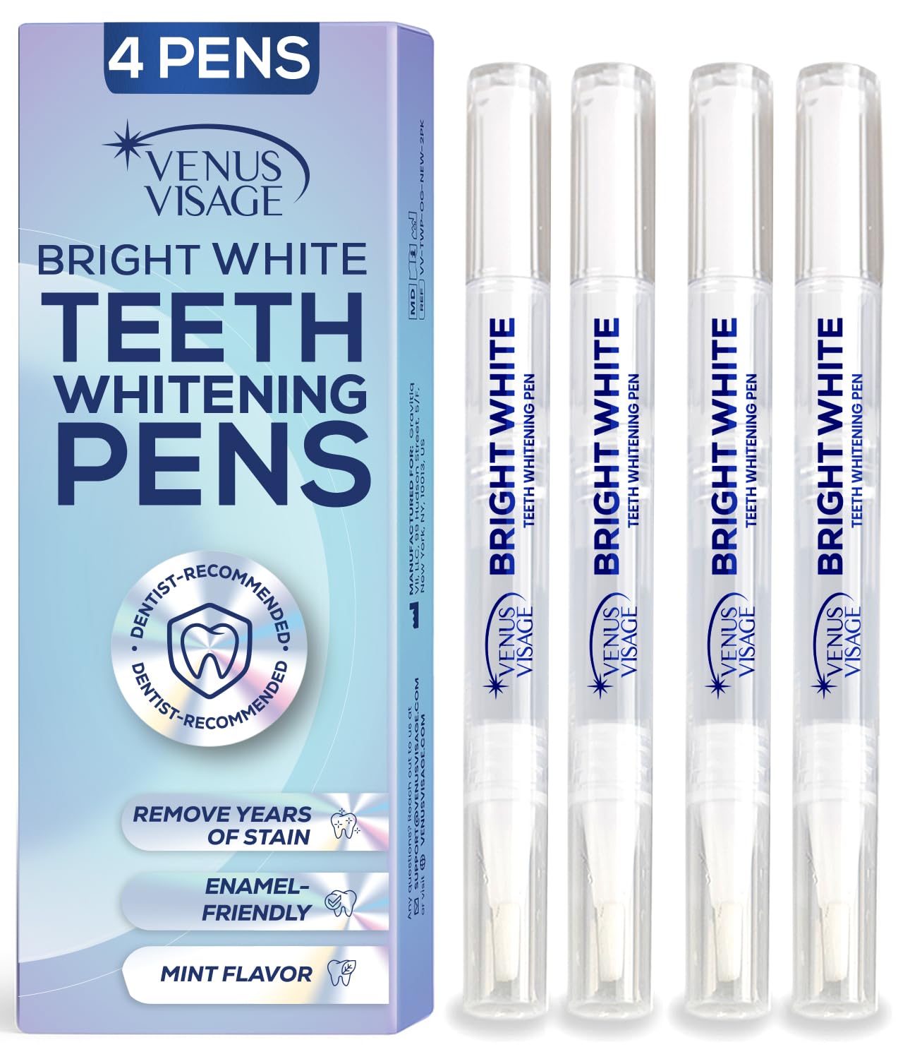 Venus Visage Award Winning Teeth Whitening Pen, 20+ Uses - Teeth whitening Gel Professionally formulated - Best Teeth whitening kit Teeth Whitener - Low Sensitivity (Mint) (0.07 Fl Oz (Pack of 4))