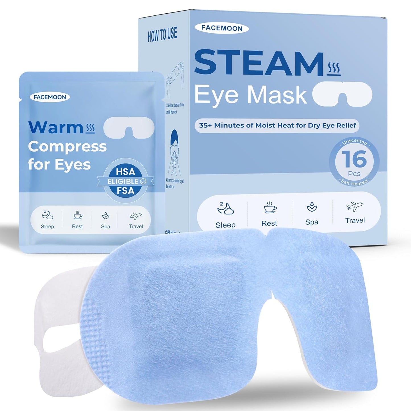 16 Packs Steam Eye Mask for Dry Eyes: Self Heating Moist Warm Compress for Stye & Digital Eye Strain - FSA&HSA Eligible -Disposable, No Microwave Needed, Travel Essential, Deep Sleep Relief, Unscented