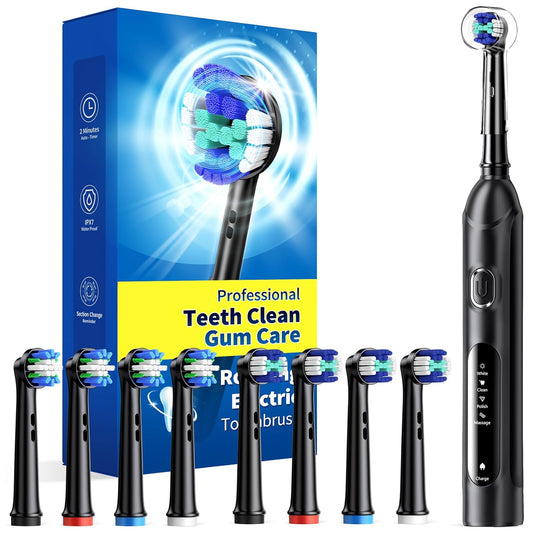 TEETHEORY Rotating Electric Toothbrush for Adults with 8 Brush Heads (2 Types), 4 Modes Deep Clean Electric Toothbrush with Rechargeable Power and 2 Min Smart Timer (1- Black, p1)