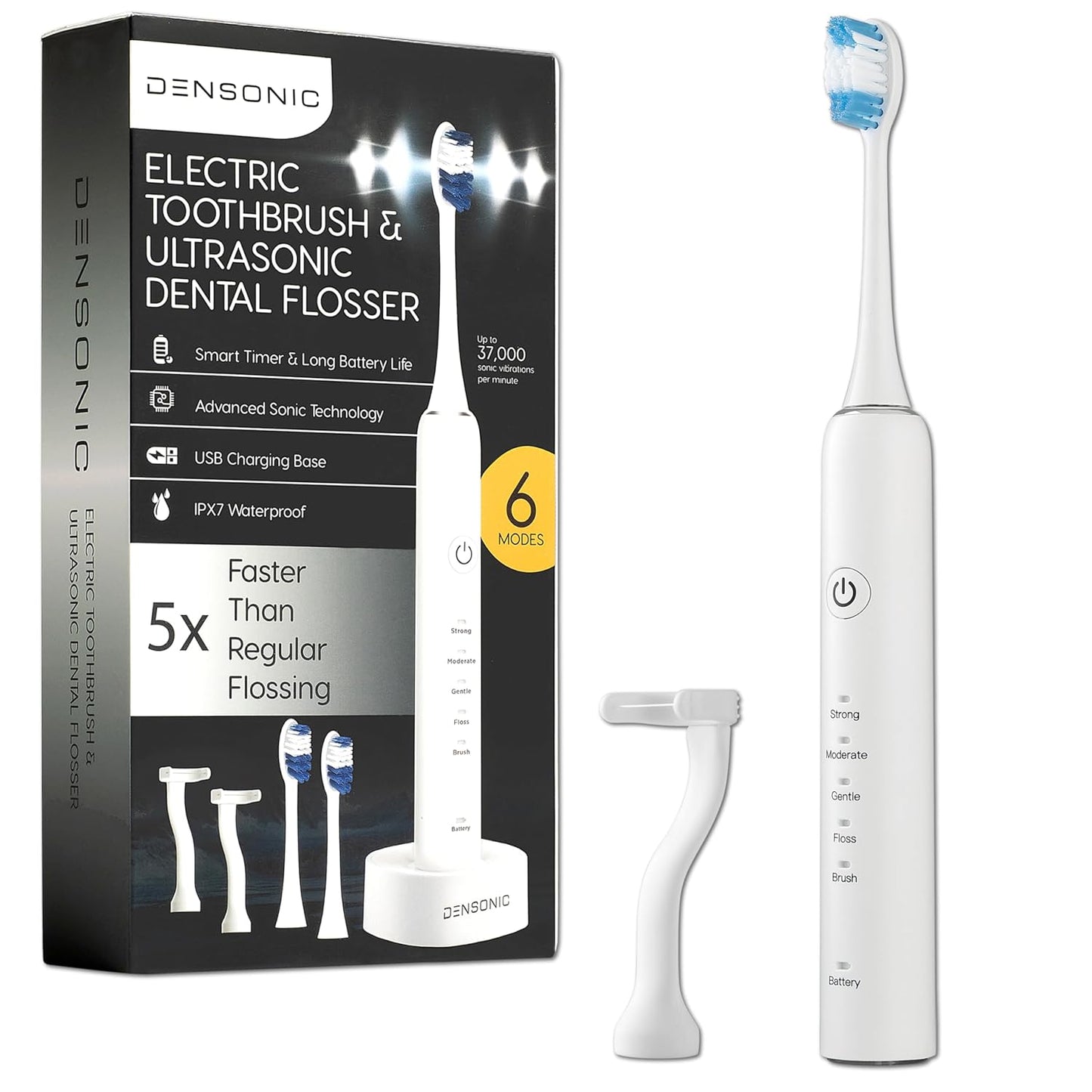 Electric Toothbrush and Flosser Combo Kit | Deep Clean Rechargeable Toothbrush | Easy Gliding Dental Floss for Gentle Gum Care | Cordless Sonic Power | 6 Cleaning Modes | White