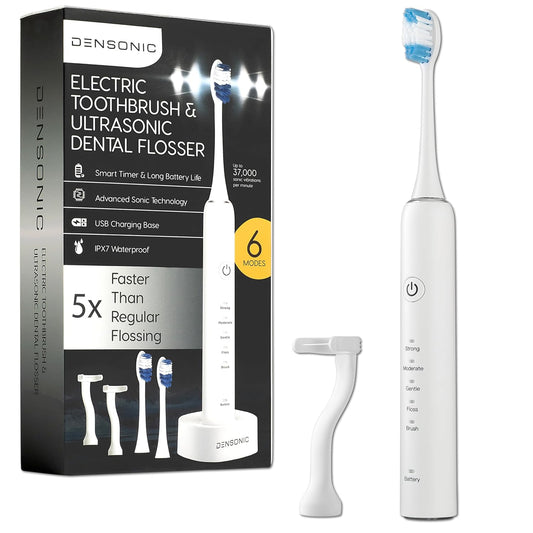 Electric Toothbrush and Flosser Combo Kit | Deep Clean Rechargeable Toothbrush | Easy Gliding Dental Floss for Gentle Gum Care | Cordless Sonic Power | 6 Cleaning Modes | White