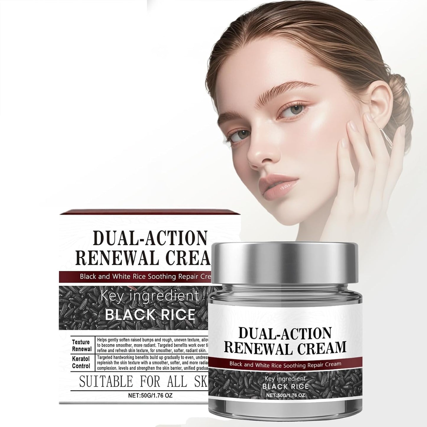 Dual-Action Renewal Cream, Professional Skin Treatment, Black and White Rice Soothing Repair Cream, Natural Body Serum Suitable for All Skin Types