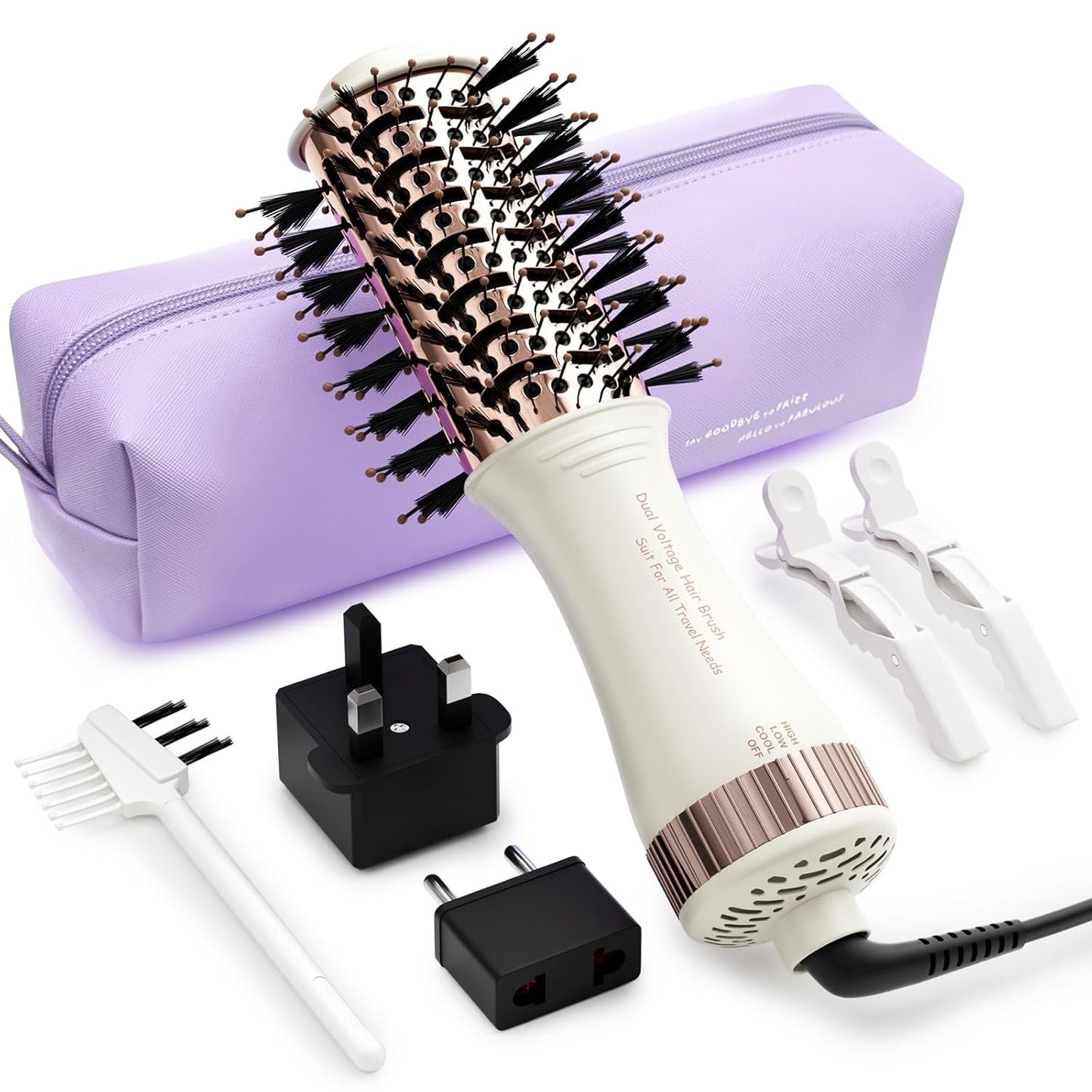 4-in-1 Travel Dual Voltage Hair Dryer Brush Blow Dryer Brush,Portable 2 inch Mini Hot Air Brush,Travel Hair Styler/Volumizer/Straightener/Curler,110-240V European Blow Dry Brush with EU&UK Plug