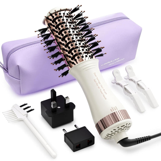 4-in-1 Travel Dual Voltage Hair Dryer Brush Blow Dryer Brush,Portable 2 inch Mini Hot Air Brush,Travel Hair Styler/Volumizer/Straightener/Curler,110-240V European Blow Dry Brush with EU&UK Plug