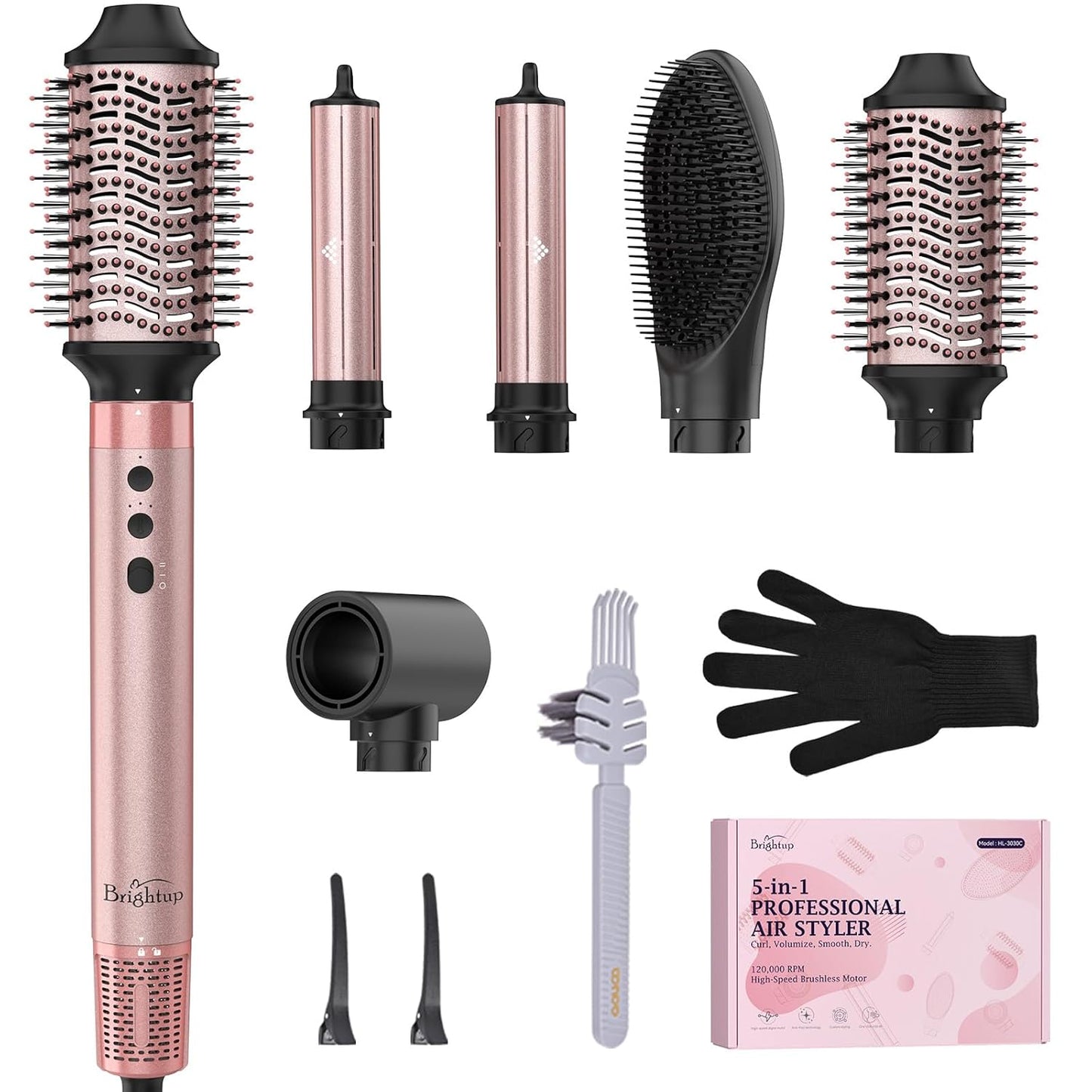 Brightup 5 in 1 Air Styler, 1400W High Speed Hair Dryer Brush, Professional Automatic Hair Curler with Cool Shot Button, 800 Million Ionic, No Heat Damage, with Travel Bag