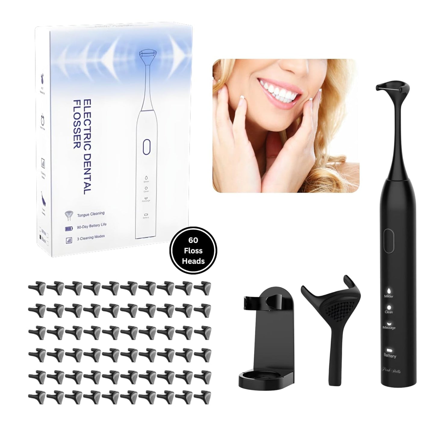 Electric Dental Flosser| Tongue Scrapper| Gum Massager and Stimulator for Adults and Kids| 60 Reuseable Floss Heads| A Better Alternative to Water Flosser