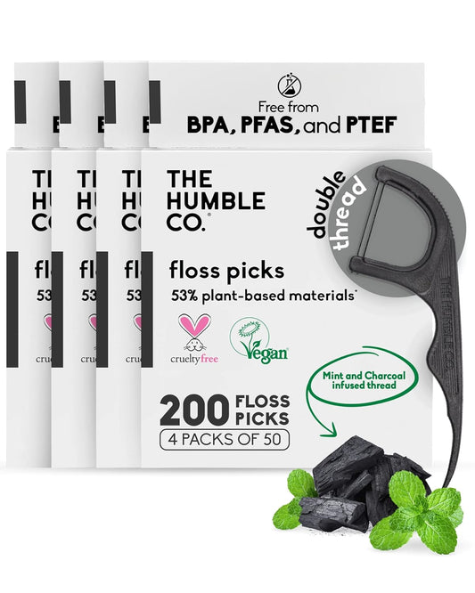The Humble Co. Floss Picks (200 Count) – Plant Based Dental Floss Picks for Superior Oral Care, Dental Hygiene, and Gum Health, Cruelty Free Tooth Floss Picks (Charcoal, Double Thread)