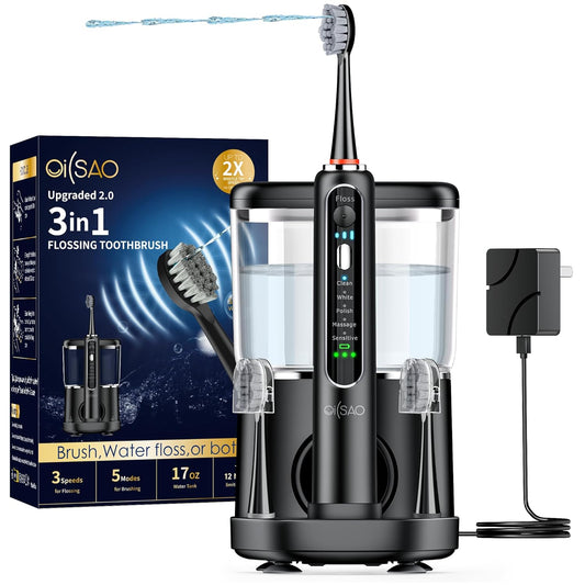 Electric Toothbrush with Water Flosser Combo in One, Professional Flossing Toothbrush for Teeth Cleaning and Flossing, Plaque Removal, Rechargeable,5 Brush Modes & 3 Flossing Speeds,500ML,Black