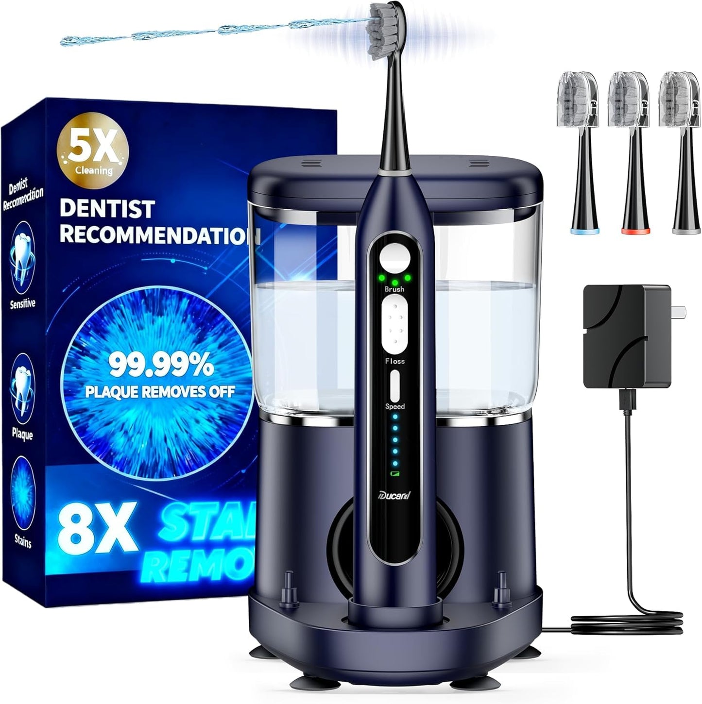 Electric Toothbrush with Water Flossers for Adults, Upgrade Flossing Toothbrush Combo, 5 Floss Speeds&3 Brush Modes, 500mL Tank, 30-Day Battery, for Adults & Teens, Gums, Braces, Dental Care,Blue