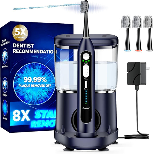 Electric Toothbrush with Water Flossers for Adults, Upgrade Flossing Toothbrush Combo, 5 Floss Speeds&3 Brush Modes, 500mL Tank, 30-Day Battery, for Adults & Teens, Gums, Braces, Dental Care,Blue
