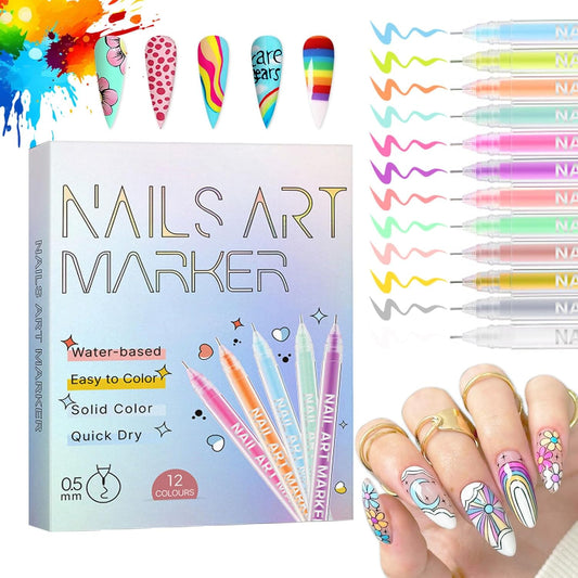 12 Colors Nail Art Pens Set, 0.5mm Fine Tip Nail Pens for Nail Art Quick Dry, Waterproof, DIY Designs Nail Paint Pens, 3D Nails Art Pens for Beginners, Portable Nail Art Tools for Home Salon