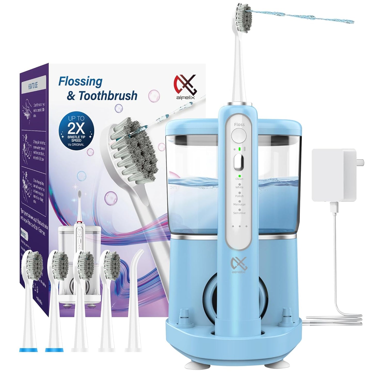 Professional Flossing Electric Toothbrush with Water Flosser, Water Flossers for Teeth 2 in 1 Toothbrush and Water Flosser Combo, Sonic Electric Toothbrush Cordless Flossing Brush (Blue)