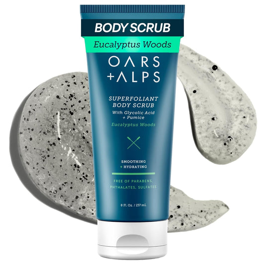 Oars + Alps Superfoliant Body Scrub, Body Scrub for Men with Glycolic Acid, Niacinamide & Pumice, Coconut Oil, Made with Clean Ingredients, Cruelty Free, Paraben Free, Vegan, Eucalyptus Woods, 8oz