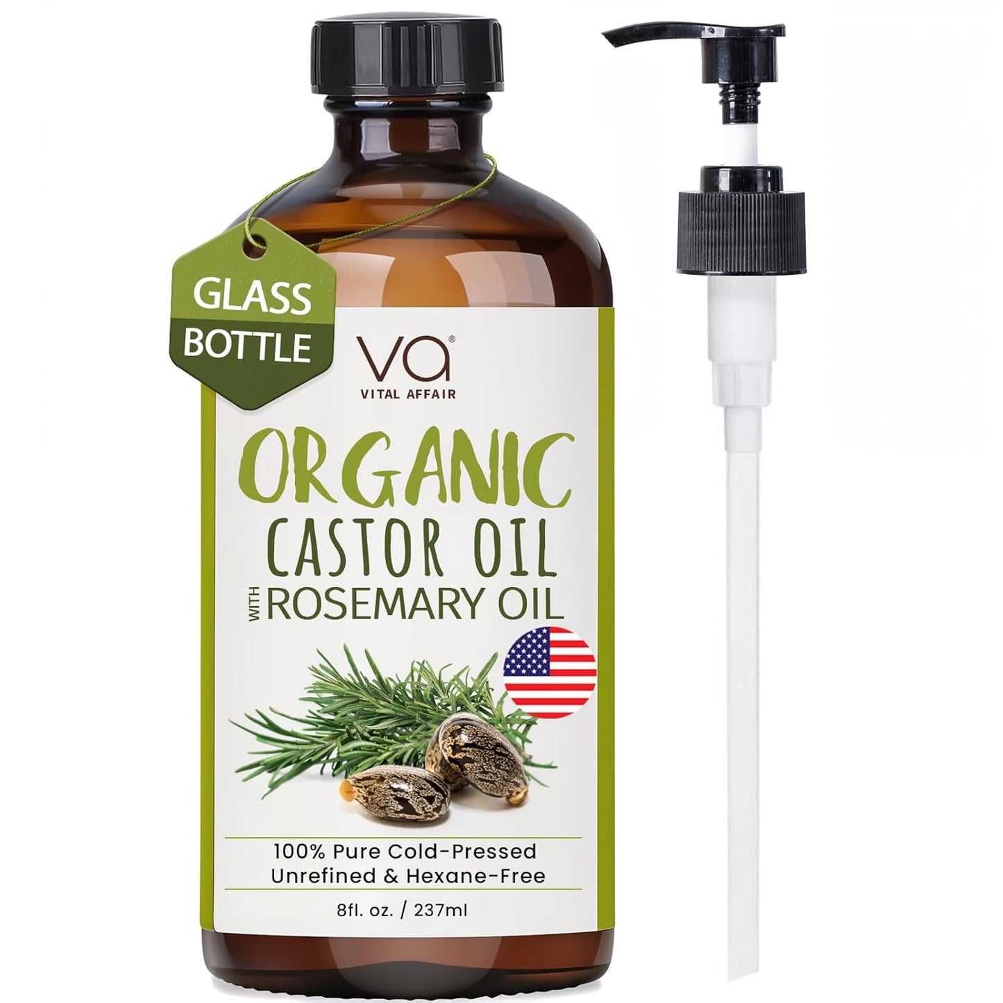 VITAL AFFAIR Organic Castor Oil With Rosemary Oil For Hair Growth - 100% Pure Rosemary Hair Oil With Pure Castor Oil Cold Pressed Unrefined Glass Bottle - Strengthening & Volumizing 8 Fl Oz
