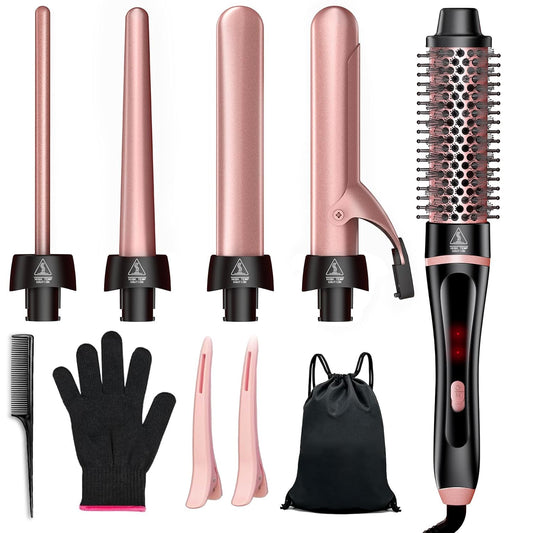 5 in 1 Curling Iron & Thermal Brush Set with 4 Interchangeable Ceramic Barrels (0.35”-1.25”) Fast Heat Dual Voltage Travel Hair Tools Birthday Gift for Women - Hair Curler Wand Kit for Curls & Blowout