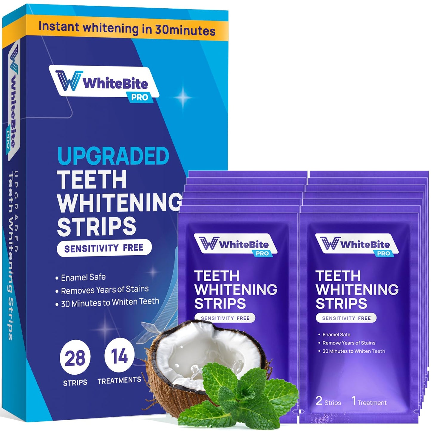 Whitebite Pro Upgraded Teeth Whitening Strips 28 Strips (14 Treatments) | Enamel-Safe | Deep Stains Removal | Non-Slip Design | Whitening Without Any Harm | Mint