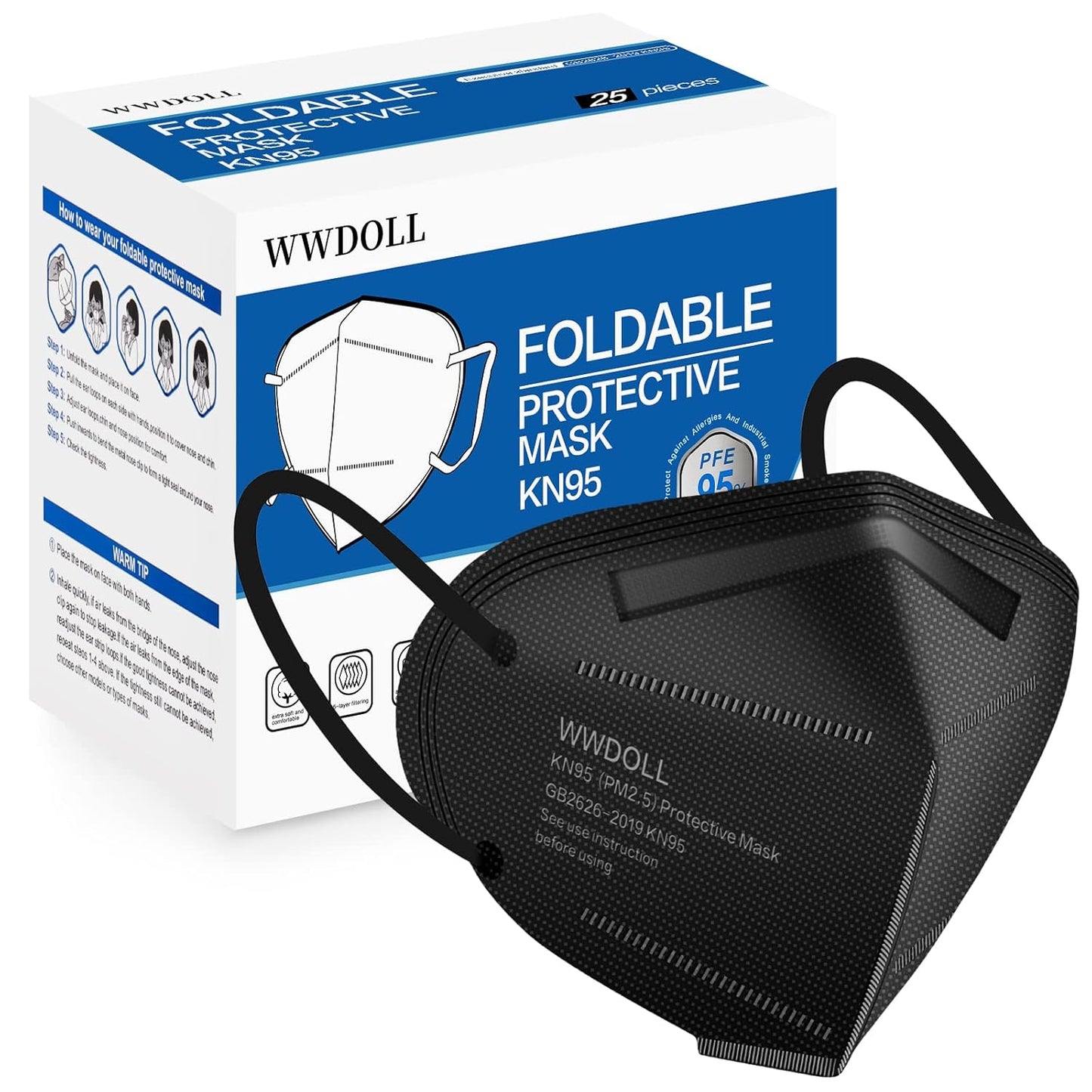 WWDOLL KN95 Face Mask 25 Pack, 5-Layers Breathable KN95 Masks