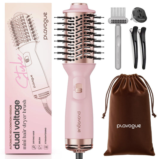 PLAVOGUE Mini Dual Voltage Hair Dryer Brush, 700 Watts Travel Hot Air Brush with European Plug，Ionic One Step Blow Dryer and Styling Brush with Ceramic Coating for Women for Home & Salon (Pink)