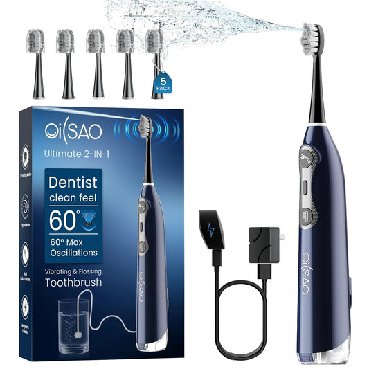 3-in-1 Upgraded Pro Flossing Toothbrush-Flosses, Vibrates and Oscillates(The 1st Tech), Electric Toothbrush with Water Flosser Equipe 5 Brush Heads, Plaque Removal for Sensitivity, Braces-Blue