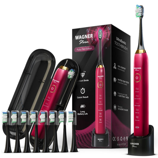 Wagner Stern The Ruby Red Edition ultrasonic whitening Electric Toothbrush Features Five Brushing Modes, Eight Soft Brush Heads, and a Premium Travel case.