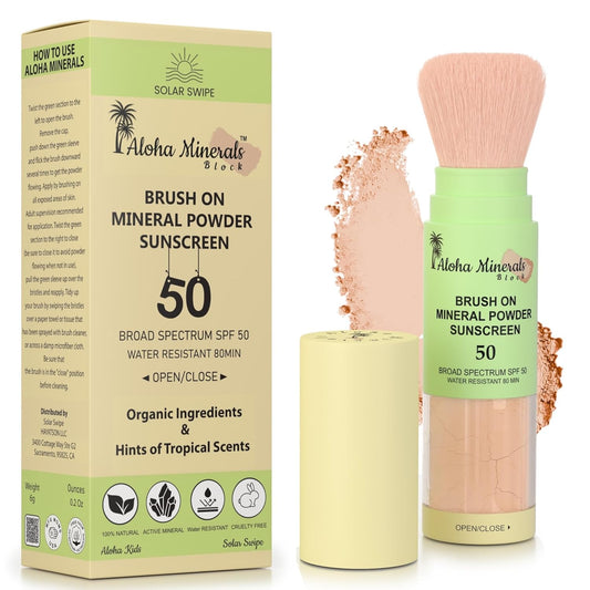 Aloha Minerals Block Brush-On Mineral Powder Sunscreen For Face, SPF 50, Water Resistant, Broad Spectrum, Natural Mineral Blend, Oil Abrosbent, Tropical Scent, Carrot Seed Extract, 0.21oz