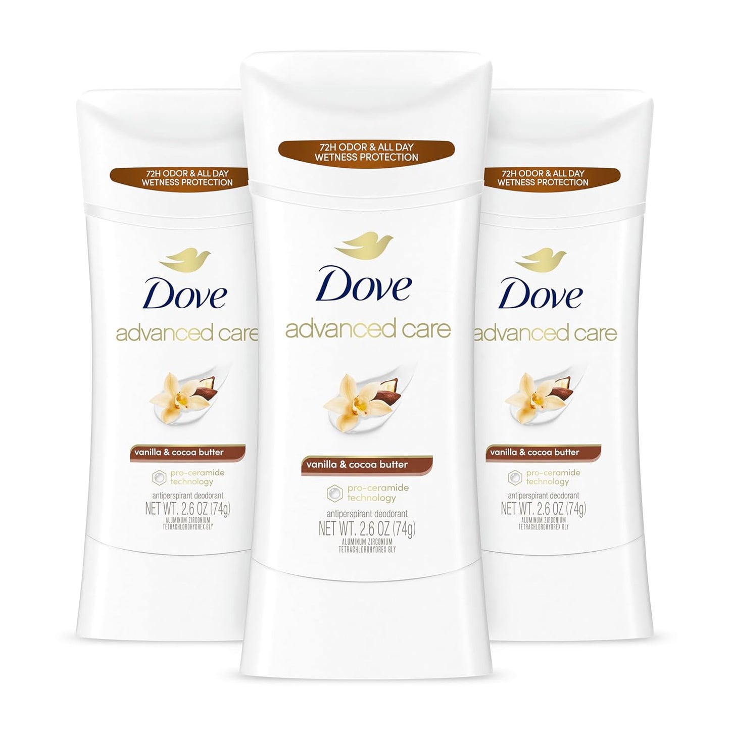 Dove Advanced Care Antiperspirant Deodorant Stick Vanilla & Cocoa Butter 3 Count Antiperspirant deodorant with Pro-Ceramide Technology 72-hour odor control and all-day sweat protection 2.6 oz