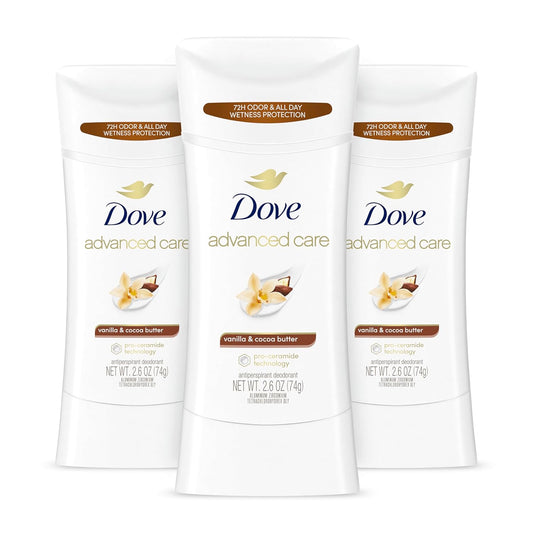 Dove Advanced Care Antiperspirant Deodorant Stick Vanilla & Cocoa Butter 3 Count Antiperspirant deodorant with Pro-Ceramide Technology 72-hour odor control and all-day sweat protection 2.6 oz