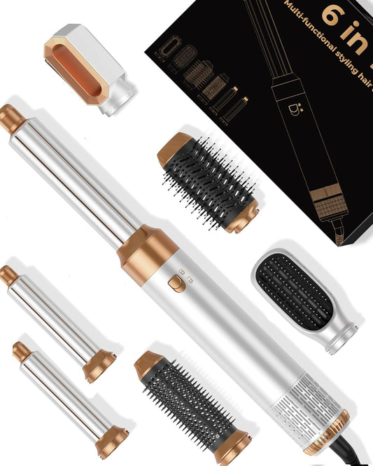 6 in ONE Blow Dryer Brush, Curling Wand Hair Styling Tools Set, Ionic Hot Air Hair Dryer, Massage Oval Hair Dryer, Left&Right Hair Curlers 100-120V (White)