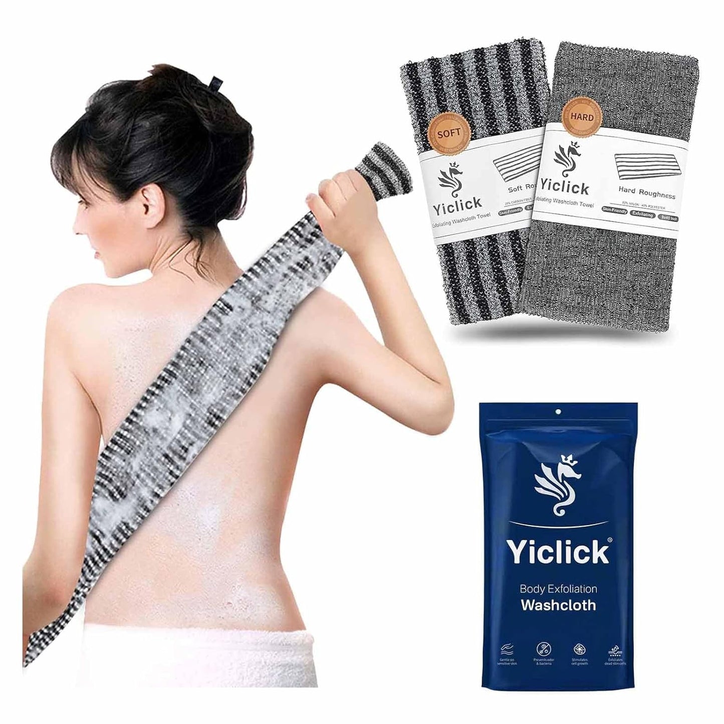 Yiclick 2 Pack Exfoliating Washcloth Towel - Body Scrubber Exfoliator, Loofah Sponge, Korean & Japanse & African Net Sponge Rag - Back Scrubber Washer for Use in Shower Bath