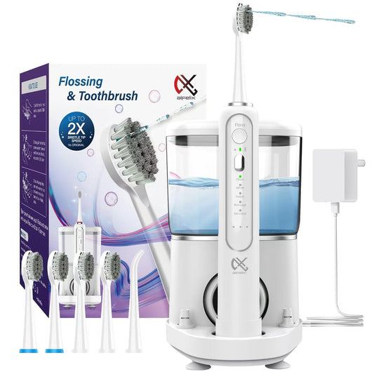 Professional Flossing Electric Toothbrush with Water Flosser, Water Flossers for Teeth 2 in 1 Toothbrush and Water Flosser Combo, Sonic Electric Toothbrush Cordless Flossing Brush (White)